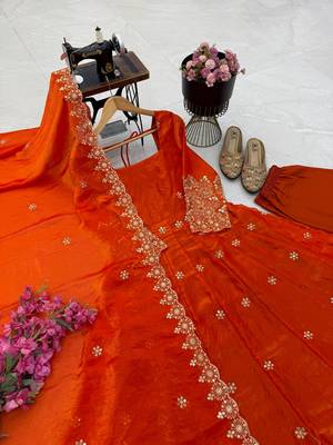 orange color sequin embroidery silk blend gown set 2
