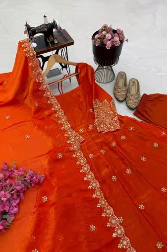 orange color sequin embroidery silk blend gown set
