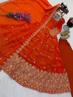 orange color sequin embroidery silk blend gown set 3