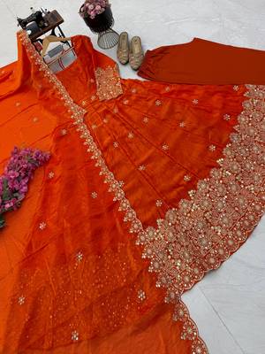 orange color sequin embroidery silk blend gown set 4