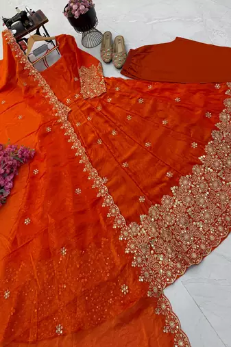 orange color sequin embroidery silk blend gown set