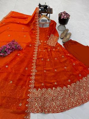orange color sequin embroidery silk blend gown set 5