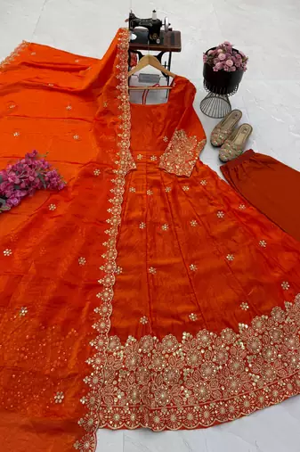 orange color sequin embroidery silk blend gown set