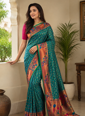 green color rich weaved pallu along polka design zari silk blend saree