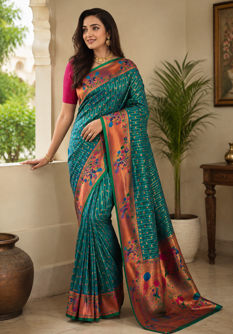 green color rich weaved pallu along polka design zari silk blend saree
