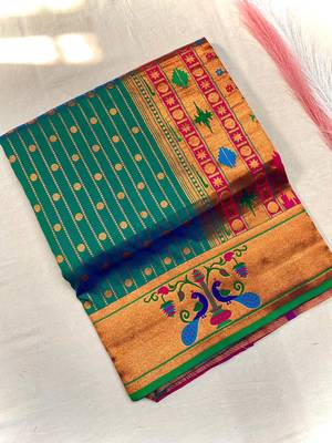 green color rich weaved pallu along polka design zari silk blend saree 4