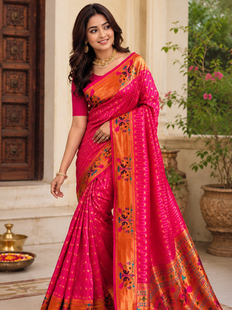 rani pink color rich weaved pallu along polka design zari silk blend saree