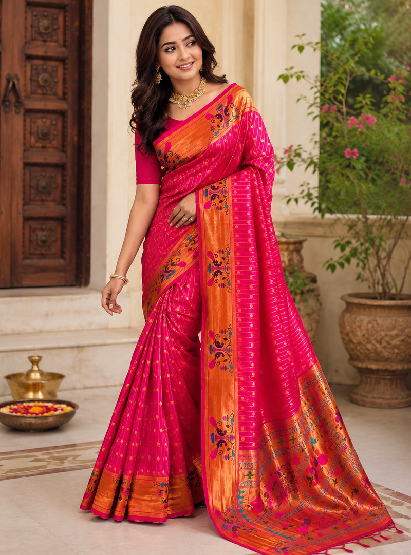 rani pink color rich weaved pallu along polka design zari silk blend saree