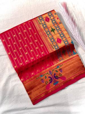 rani pink color rich weaved pallu along polka design zari silk blend saree 4
