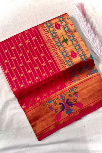 rani pink color rich weaved pallu along polka design zari silk blend saree