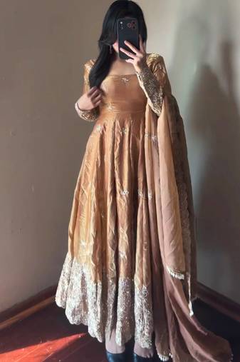 peach color sequin embroidery silk blend gown set