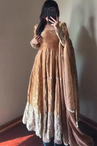 peach color sequin embroidery silk blend gown set