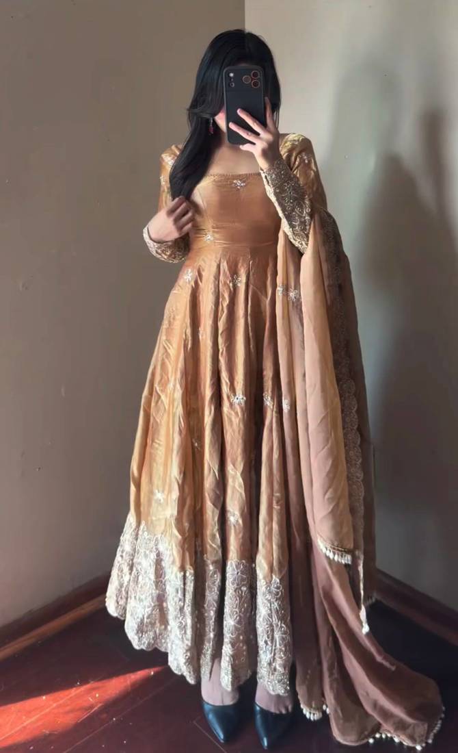 peach color sequin embroidery silk blend gown set