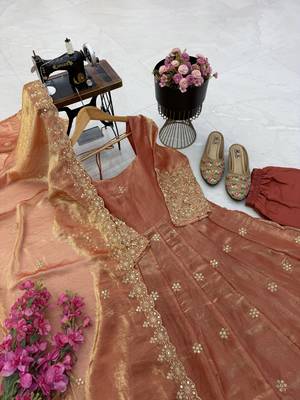 peach color sequin embroidery silk blend gown set 2