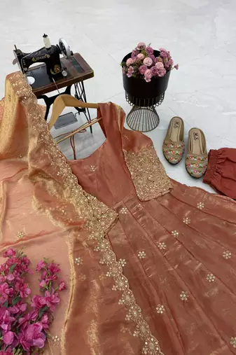 peach color sequin embroidery silk blend gown set