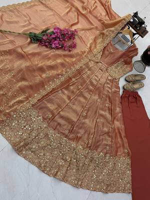 peach color sequin embroidery silk blend gown set 3