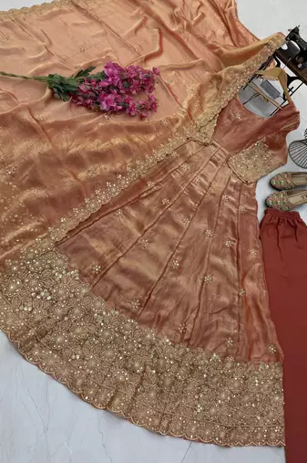 peach color sequin embroidery silk blend gown set