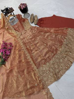 peach color sequin embroidery silk blend gown set 4