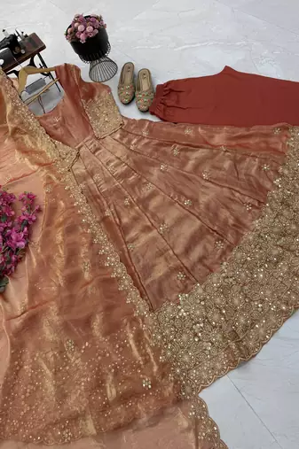 peach color sequin embroidery silk blend gown set