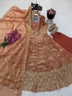 peach color sequin embroidery silk blend gown set 5