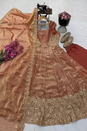 peach color sequin embroidery silk blend gown set