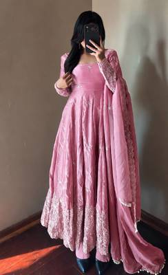 pink color sequin embroidery silk blend gown set 1