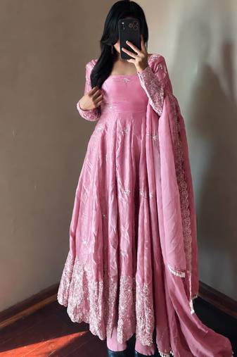 pink color sequin embroidery silk blend gown set