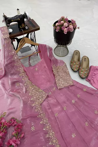 pink color sequin embroidery silk blend gown set