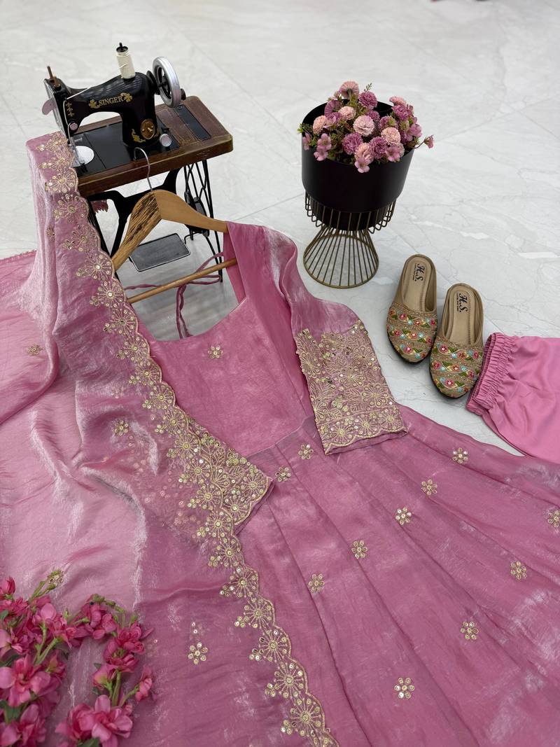 pink color sequin embroidery silk blend gown set