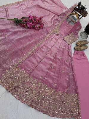 pink color sequin embroidery silk blend gown set 3