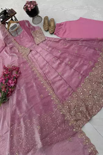 pink color sequin embroidery silk blend gown set