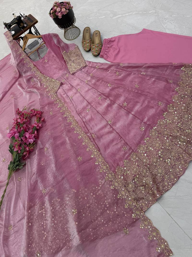 pink color sequin embroidery silk blend gown set