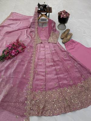 pink color sequin embroidery silk blend gown set 5