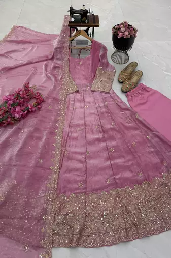 pink color sequin embroidery silk blend gown set