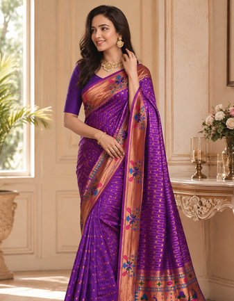 violet color rich weaved pallu along polka design zari silk blend saree