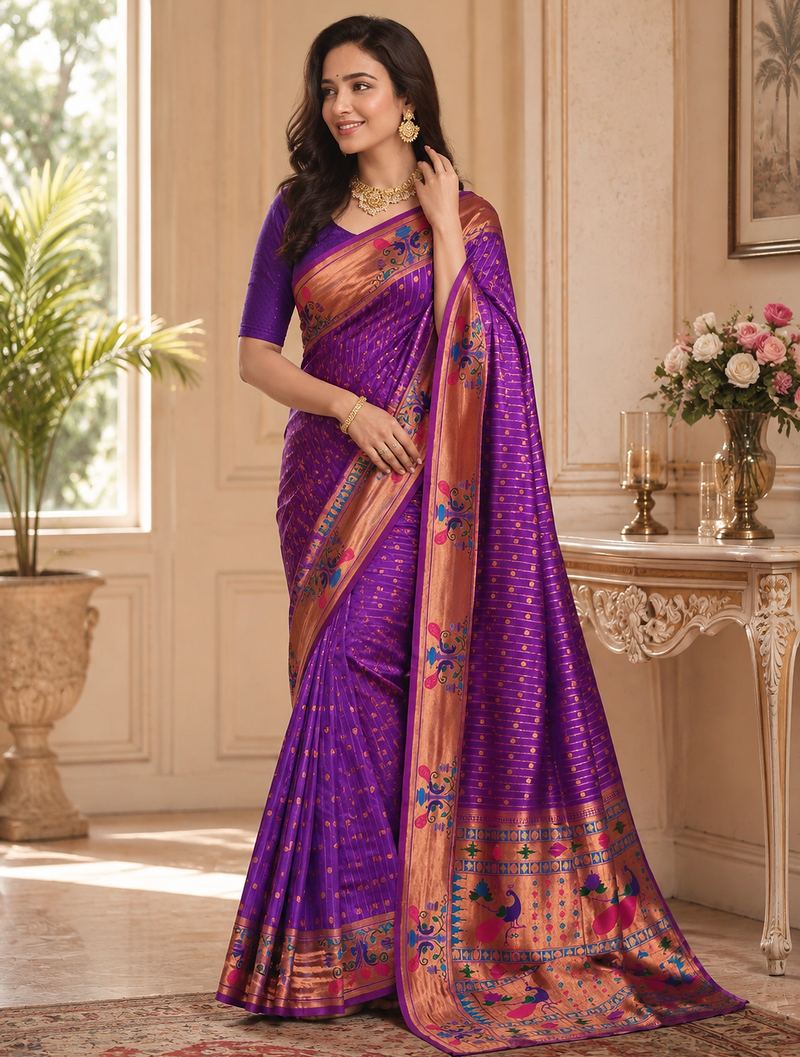 violet color rich weaved pallu along polka design zari silk blend saree