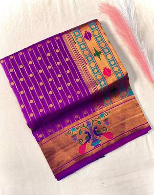 violet color rich weaved pallu along polka design zari silk blend saree 4