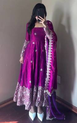 purple color sequin embroidery silk blend gown set 1