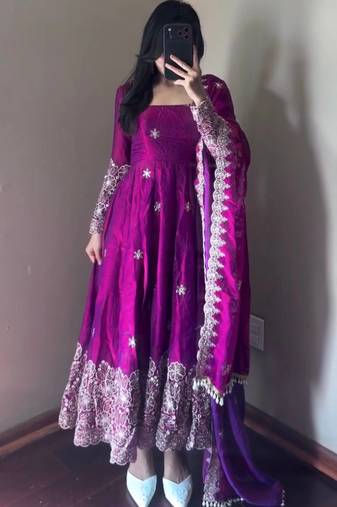 purple color sequin embroidery silk blend gown set
