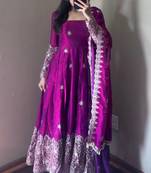 purple color sequin embroidery silk blend gown set