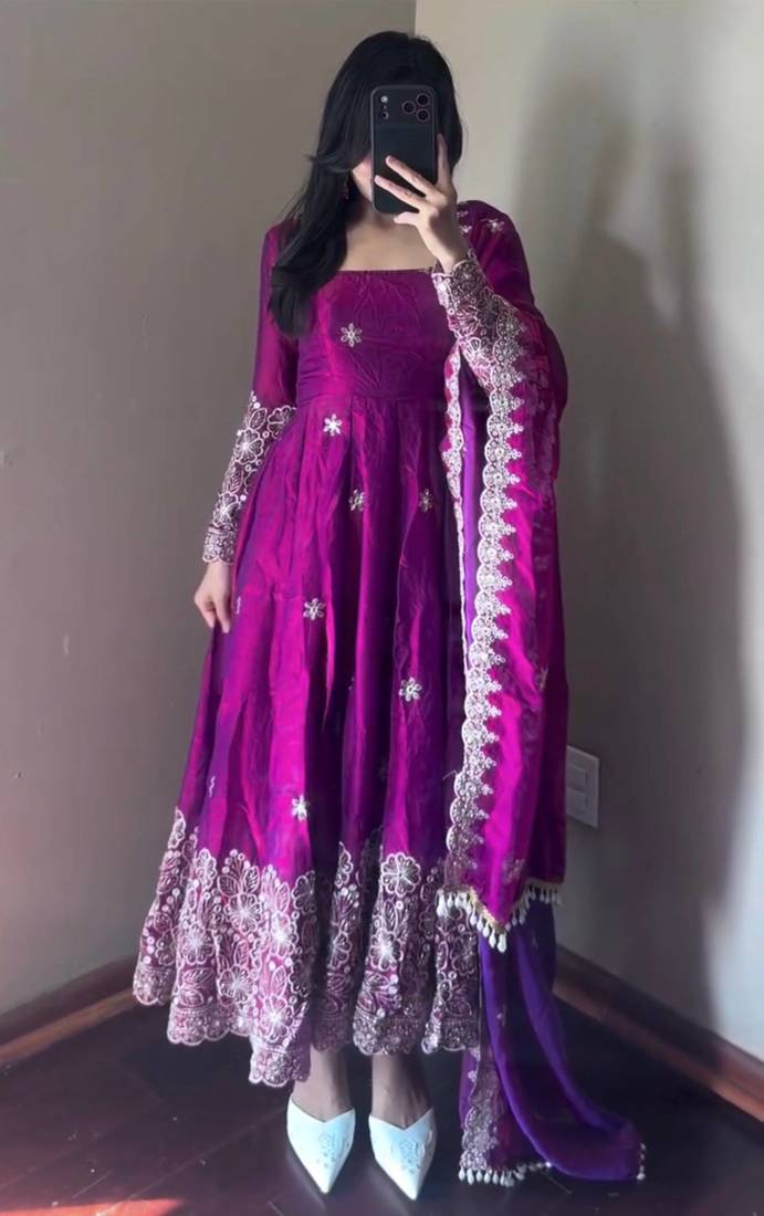 purple color sequin embroidery silk blend gown set