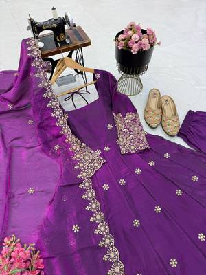 purple color sequin embroidery silk blend gown set 2