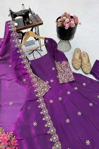 purple color sequin embroidery silk blend gown set