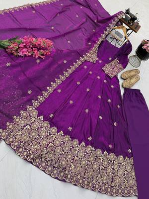 purple color sequin embroidery silk blend gown set 3