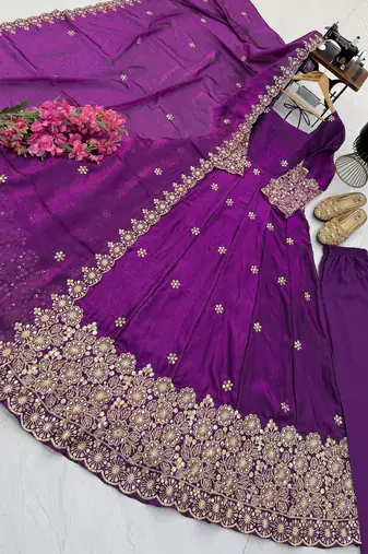 purple color sequin embroidery silk blend gown set