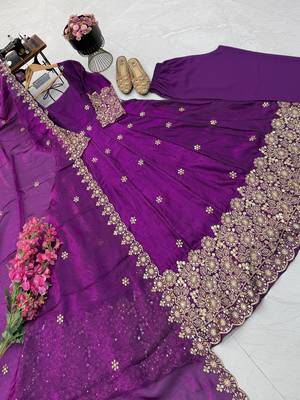 purple color sequin embroidery silk blend gown set 4