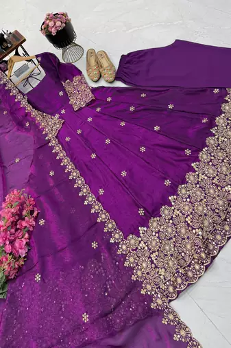 purple color sequin embroidery silk blend gown set