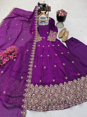 purple color sequin embroidery silk blend gown set 5