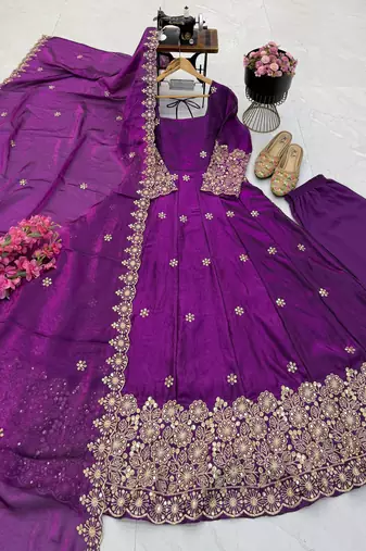 purple color sequin embroidery silk blend gown set