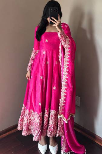 rani pink color sequin embroidery silk blend gown set